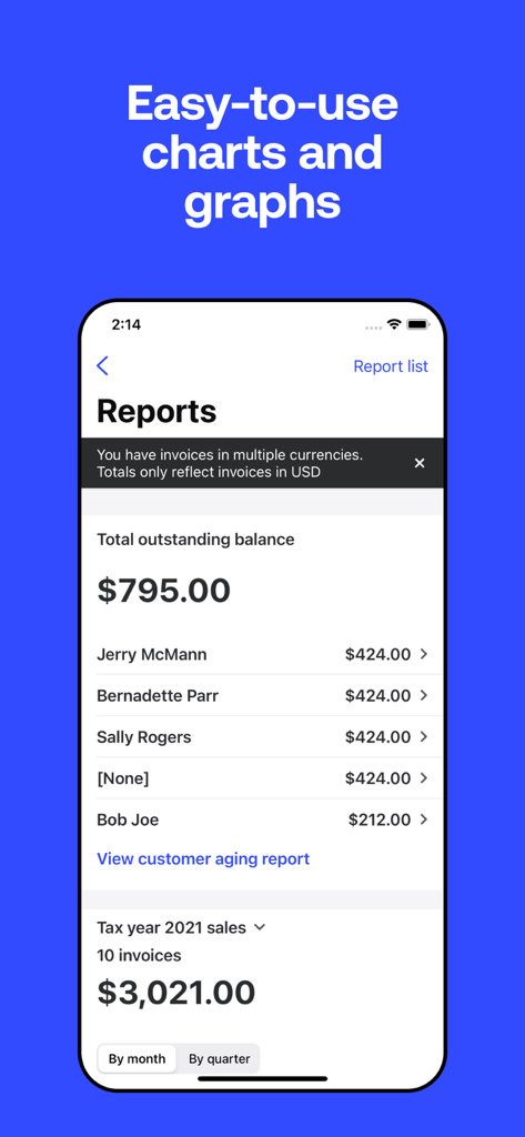 Invoice2go: Easy Invoice Maker - Invoice2go mobile app reports screen showing outstanding balance and sales summary