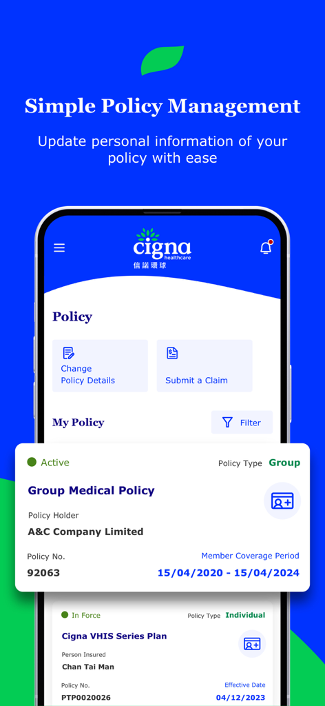 MyCigna HK app interface showing simple policy management and group medical policy details