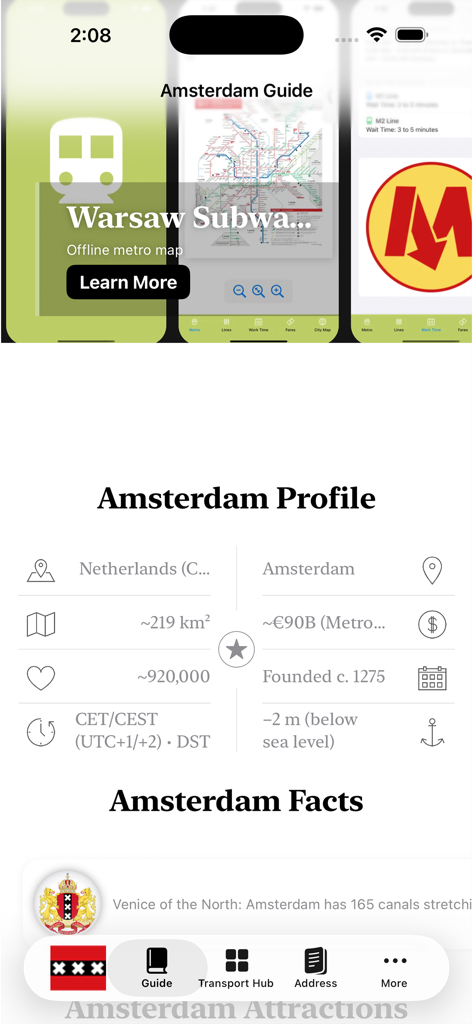 Interfaz de la aplicación Amsterdam Subway Map que muestra estadísticas de la ciudad e información de la guía de viajes.