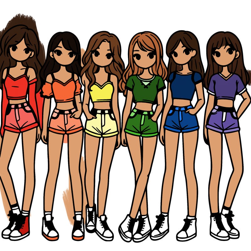 a group of girls wearing crop tops and shorts