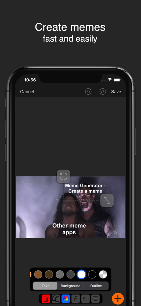 Un écran de téléphone portable montrant l'interface de l'application Meme Generator avec des outils pour modifier la couleur et l'arrière-plan du texte sur un modèle de mème viral.