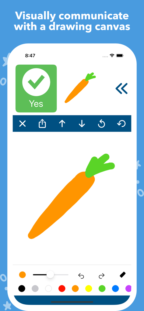 Interfaz de la aplicación Mighty AAC que muestra un lienzo de dibujo con una zanahoria dibujada a mano y herramientas de comunicación