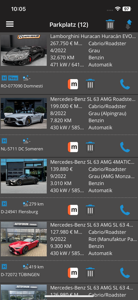 Liste von Luxusauto-Suchergebnissen in der CarDeluxe-App mit Lamborghini- und Mercedes-Benz-Modellen