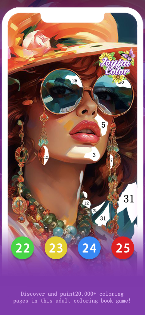 Joyful Color - Joyful Color app gameplay showing a color by number portrait of a woman with fashion accessories