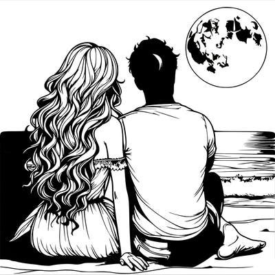 realistic couple on beach sat looking out to sea under the moon woman has long wavy hair man has short hair