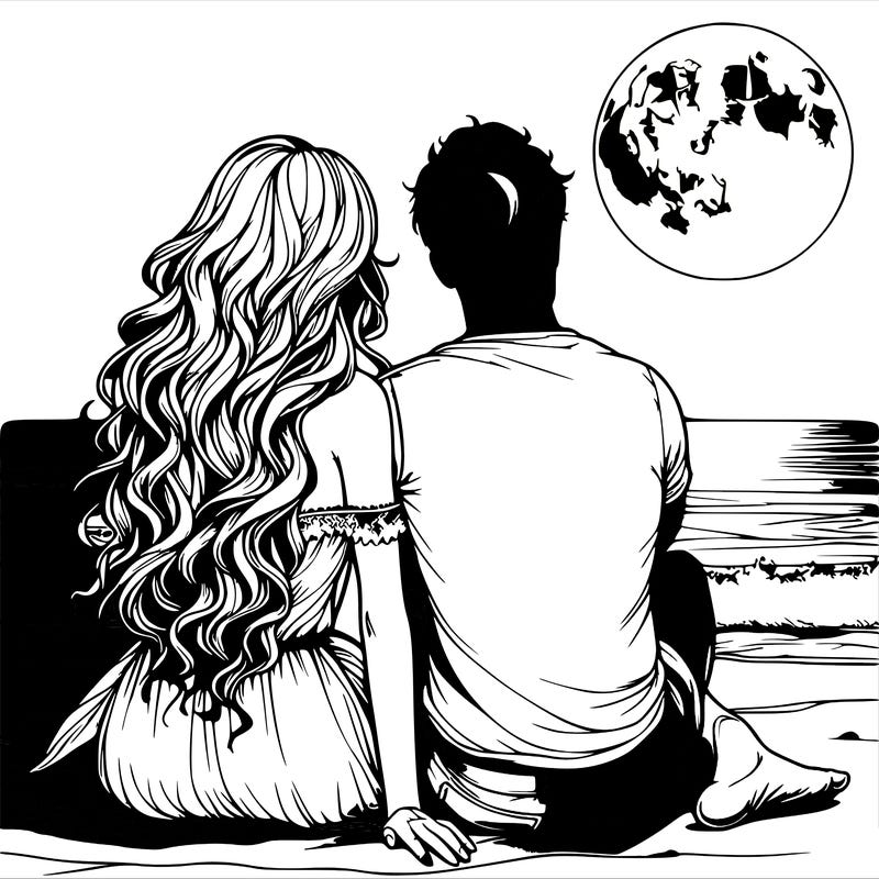 realistic couple on beach sat looking out to sea under the moon woman has long wavy hair man has short hair