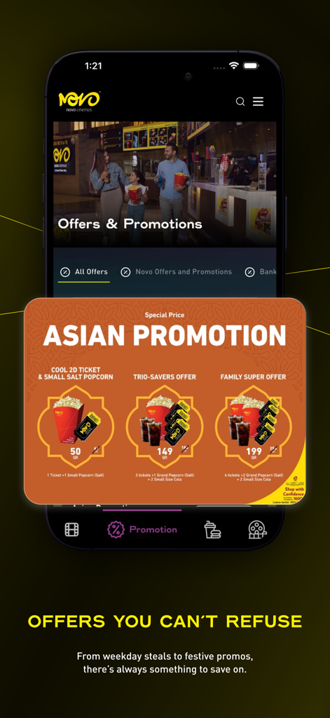 Schermata dell'app Novo Cinemas che mostra offerte promozionali su biglietti del cinema e snack.
