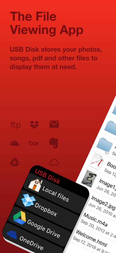 USB Disk Pro for iPhone - USB Disk Proインターフェース。クラウドストレージ連携とiPhoneでのファイル管理を表示。