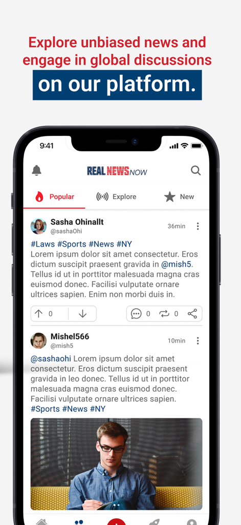 Real News Now App-Oberfläche zeigt beliebten Newsfeed und soziale Diskussionen