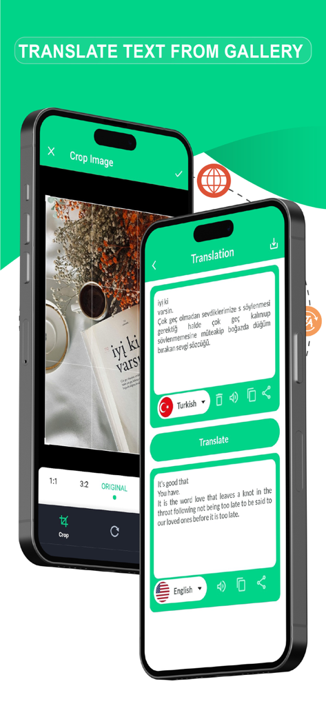 A mobile app interface showing a Turkish text being translated into English from a gallery photo.