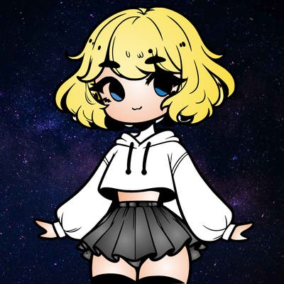 cute femboy with short, fluffy hair that softly frames their face, wearing a cropped hoodie, paired with a flouncy short skirt, and thigh-high stockings