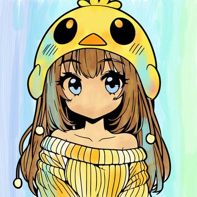 anime girl with chick shaped hat with sweater with bare shoulders with bangs covering them one eye with low tail