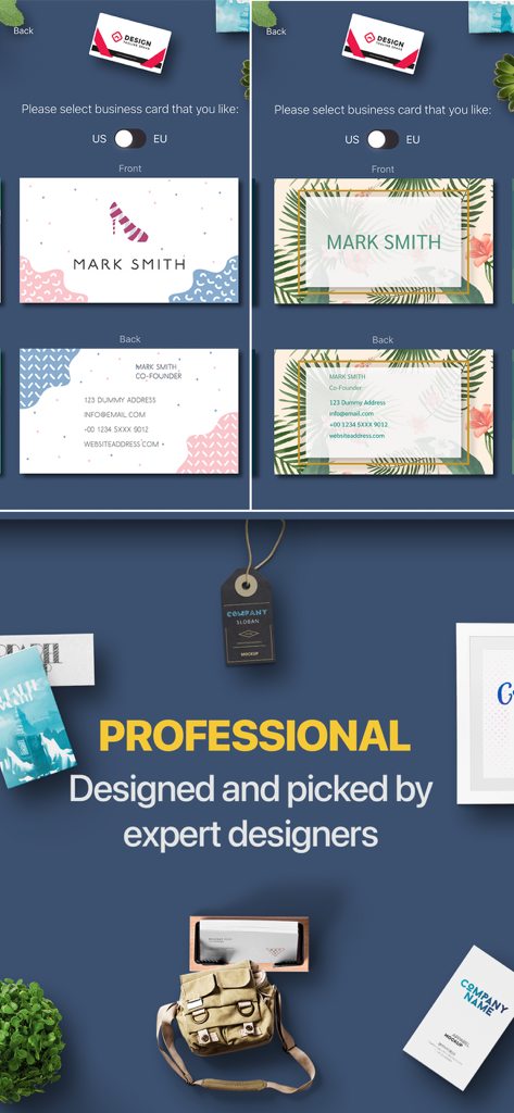 AI Business Card Maker QR - 表面と裏面のデザインオプションが表示されたプロフェッショナルな名刺テンプレートを示すモバイルアプリインターフェイス