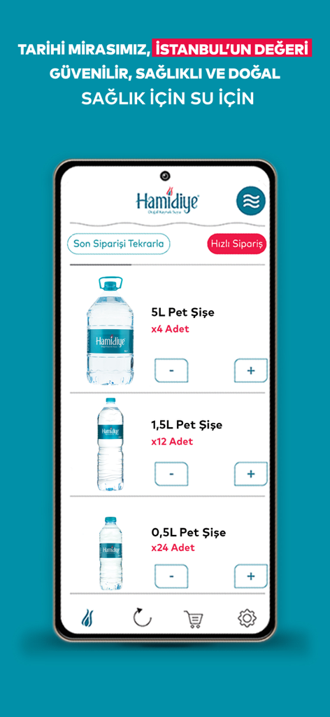 Hamidiye Su app ordering screen displaying different bottled water sizes and quantities