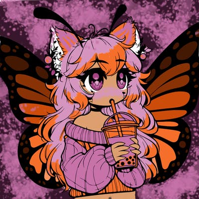 a realistic butterfly/furry girl drinking boba