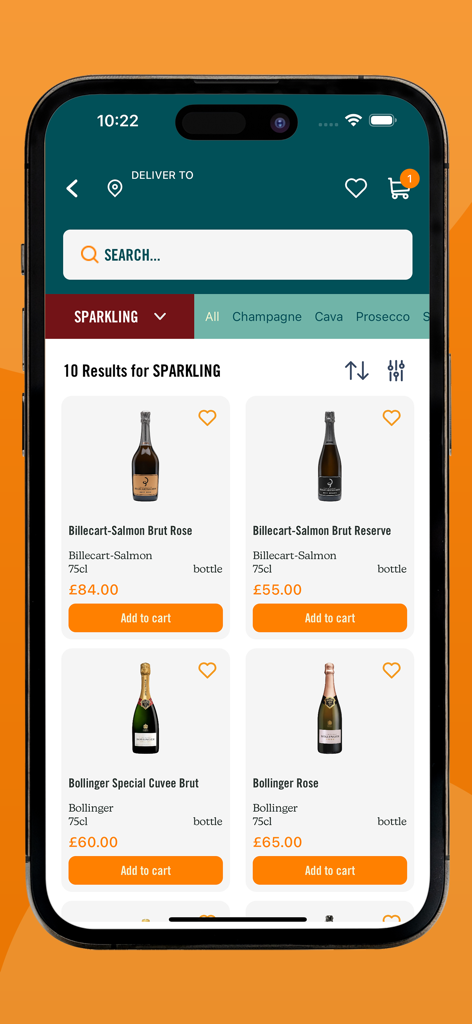 Zoom Drinks Delivery - iPhone screen showing a selection of sparkling wines and champagnes in the Zoom Drinks Delivery app including Bollinger and Billecart Salmon