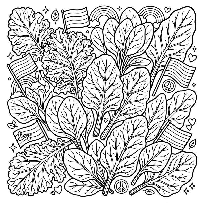 Dive into a garden of vibrant greens mixed with symbols of love and diversity. This engaging coloring page is perfect for young artists celebrating Pride Month.