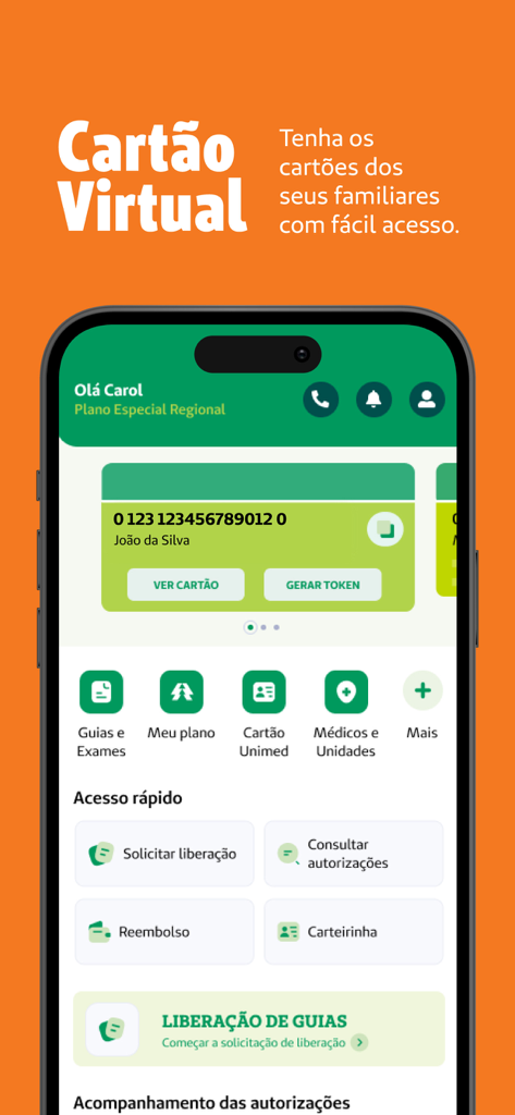 Unimed SP - Clientes - Unimed SP Clientes app home screen featuring a virtual health insurance card