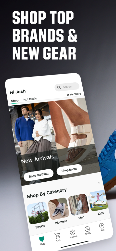 DICKS Sporting Goods app interface showing new arrivals and shopping categories for sports clothing and shoes