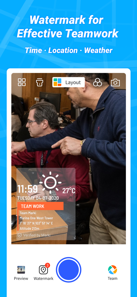 Marki: timestamp & GPS camera - タイムスタンプ、位置、天気データを表示するMarkiアプリのウォーターマークオーバーレイ付きのオフィスのプロフェッショナル写真