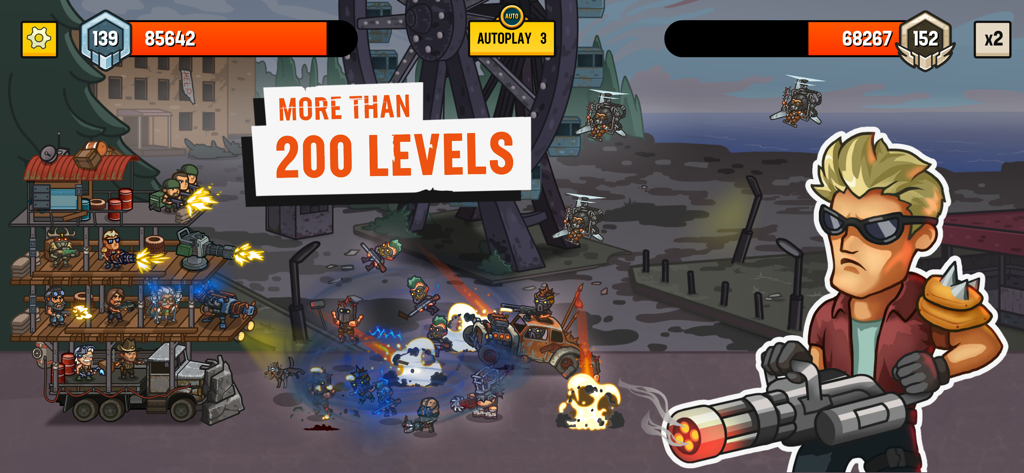 Camp Defense - Jogabilidade de estratégia de sobrevivência em Camp Defense mostrando um caminhão fortificado e sobreviventes lutando contra uma horda de zumbis.