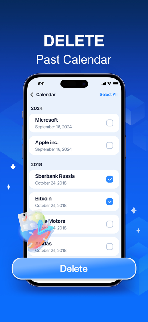 AI Cleaner: Storage Cleaner - Interfaz de la aplicación móvil AI Cleaner para eliminar eventos pasados del calendario y liberar almacenamiento