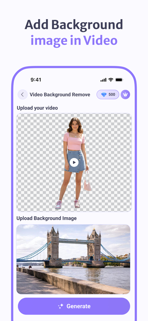 Interfaccia dell'app che mostra come aggiungere un'immagine di sfondo a un ritaglio video utilizzando l'AI