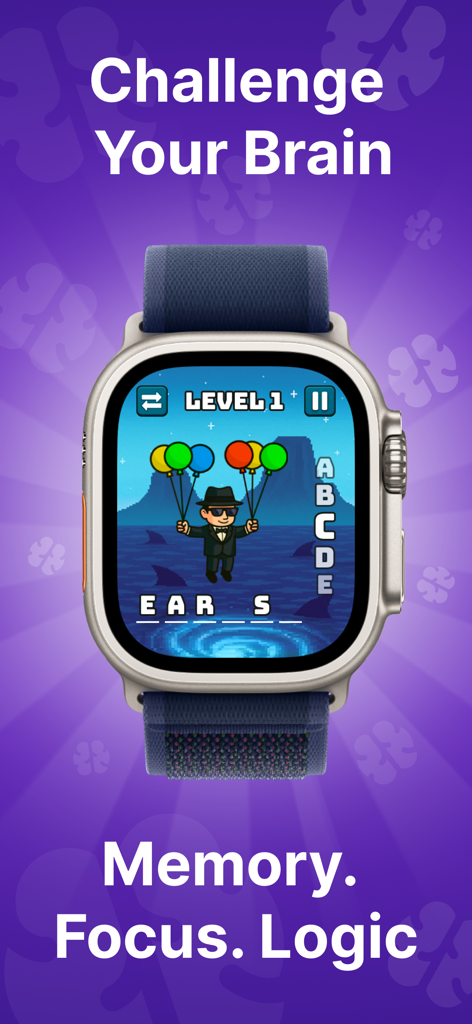 A brain challenge puzzle game on an Apple Watch display.