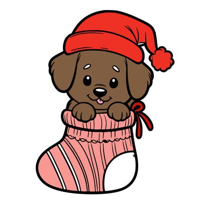 cute puppy wearing santa hat in socking