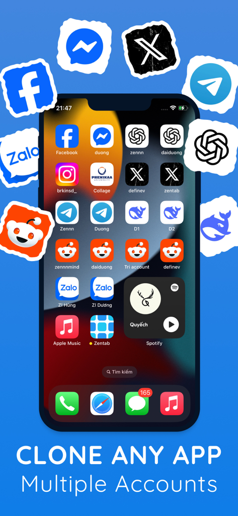 Zentab - Clone App Multi Login - Pantalla de iPhone mostrando múltiples instancias clonadas de populares aplicaciones sociales y de IA utilizando Zentab
