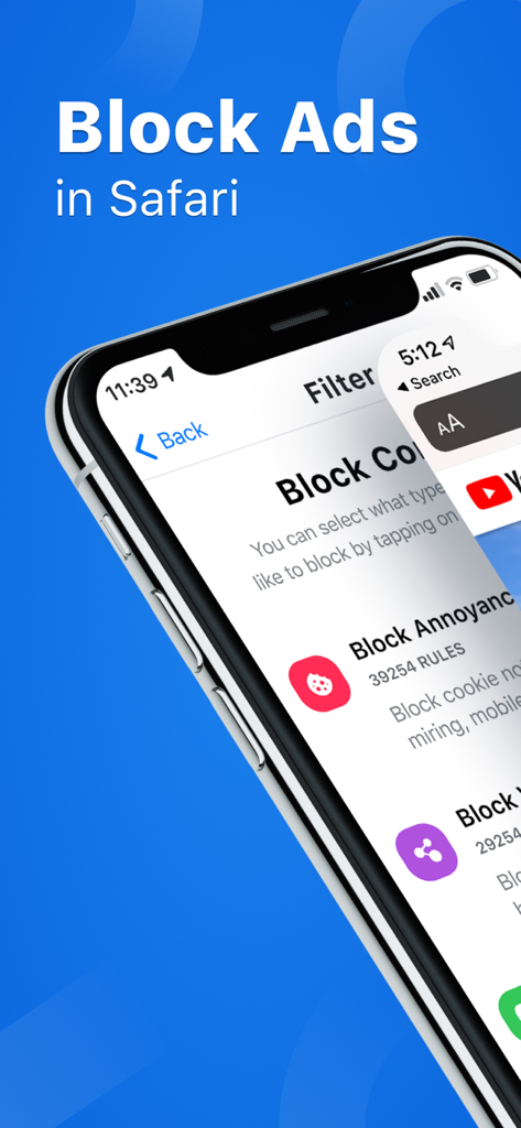 SkyBlue Ad Blocker for Safari - SkyBlue Ad Blocker for Safari app interface on an iPhone showing ad blocking filters.