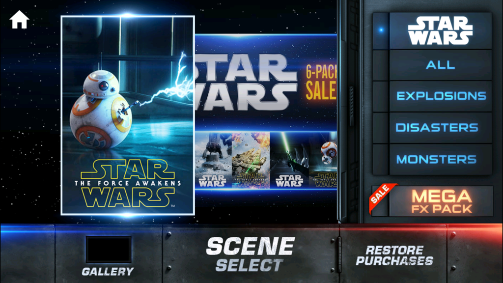 Action Movie FX - Action Movie FX scene selection screen featuring Star Wars The Force Awakens BB-8 effects and menu categories