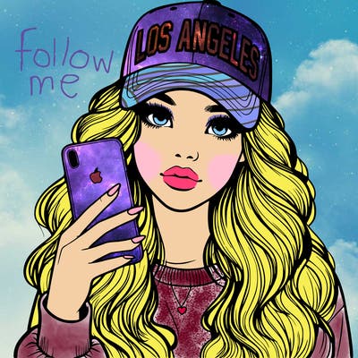 realistic beautiful girl wearing los ángeles cap holding an iphone
