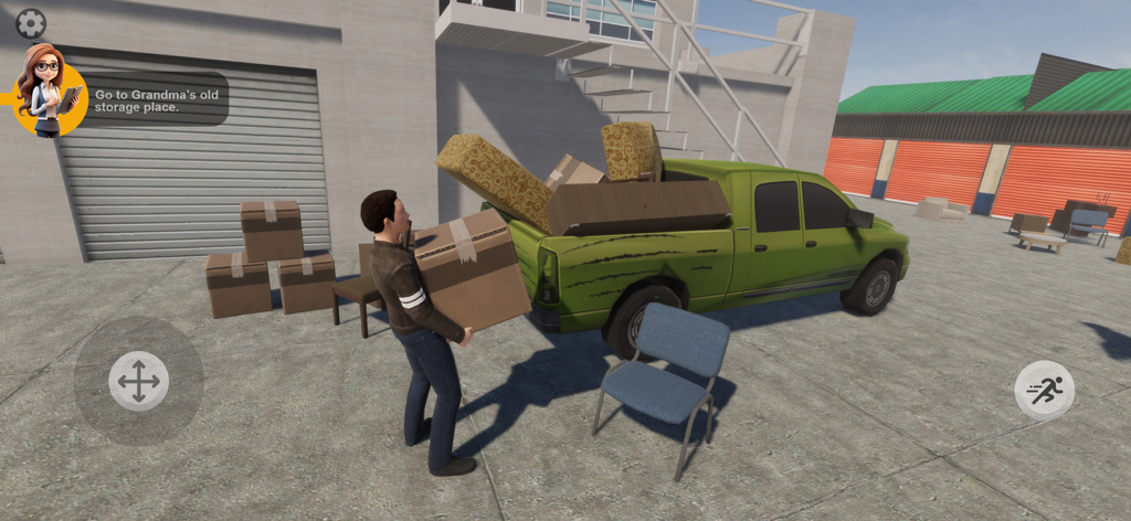 Auction Hunter Simulator : BId - Il personaggio del giocatore trasporta una scatola verso un camion carico di mobili in un deposito.