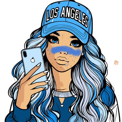 realistic beautiful girl wearing los ángeles cap holding an iphone