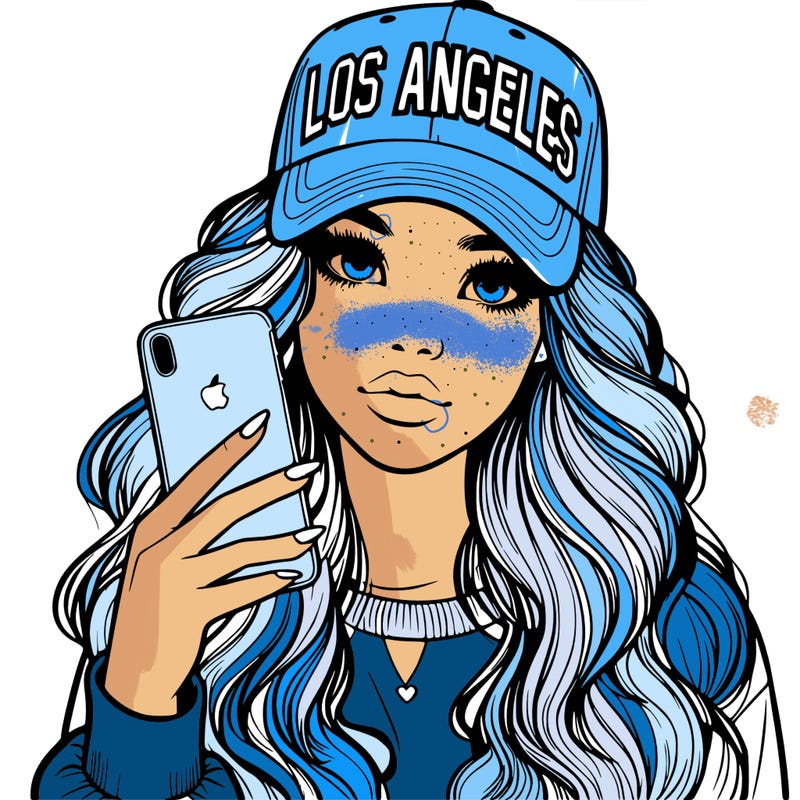 realistic beautiful girl wearing los ángeles cap holding an iphone