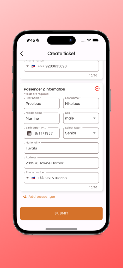 Tripket PH - A screenshot of the Tripket PH app showing the passenger information form for booking a travel ticket.
