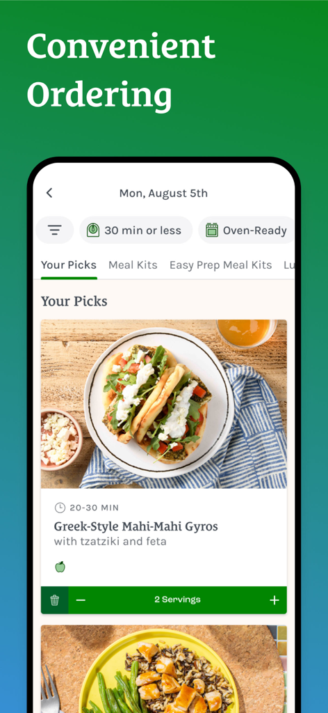 Home Chef mobile app interface showing meal kit selection for Greek-Style Mahi-Mahi Gyros with filters for quick cooking and oven-ready options.