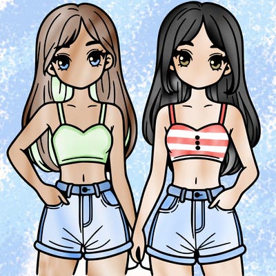 two sisters with crop tops and jean shorts and straight hair