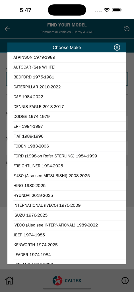 NetLube Caltex New Zealand - NetLube app screen showing a dropdown list of vehicle makes for commercial and heavy vehicles