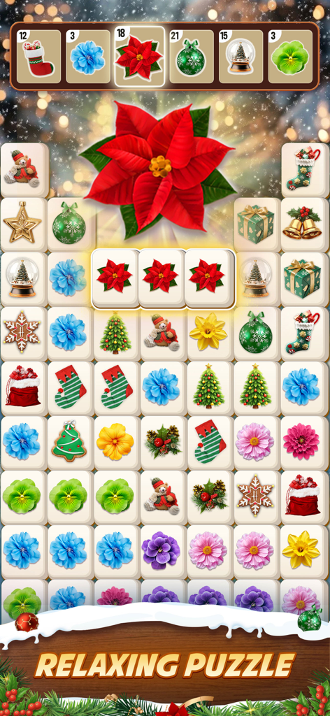 Zen Blossom: Flower Tile Match - 꽃과 크리스마스 장식 아이콘이 있는 타일 매치 퍼즐을 보여주는 휴일 테마의 Zen Blossom 레벨.