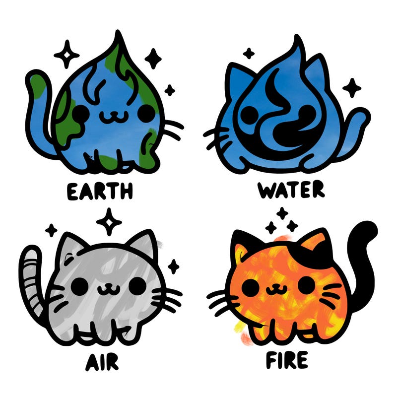4 cats that represent the different elements, earth, water, air, and fire