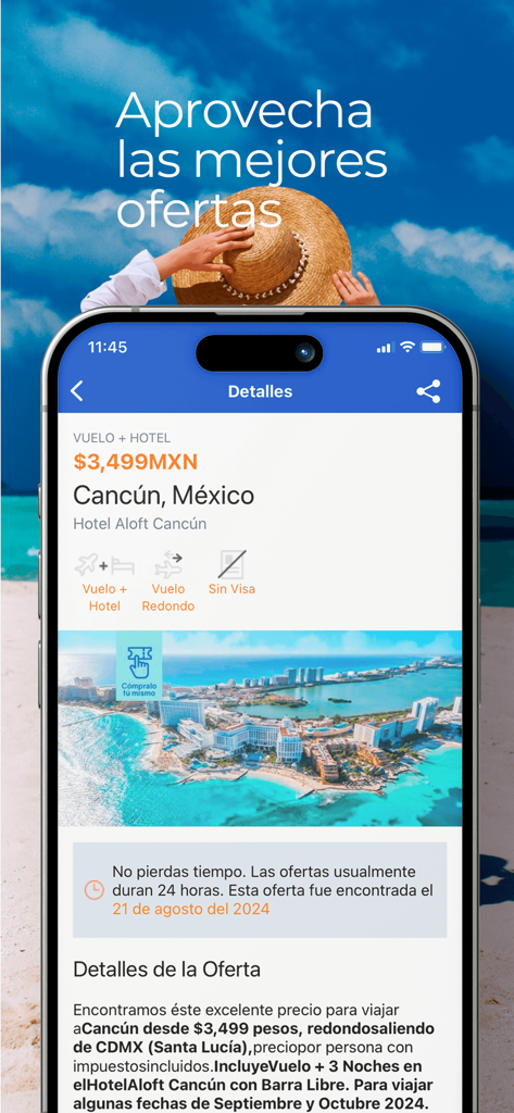 Gurú de Viaje - Guru de Viaje app screen displaying a flight and hotel package deal to Cancun Mexico