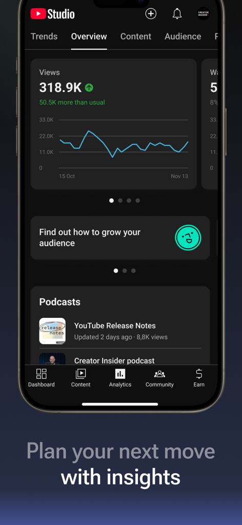 YouTube Studio mobile app displaying channel analytics and audience growth insights.