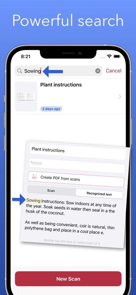 iPhone screen showing the powerful search feature of Scan it app finding specific text within a scanned document using OCR