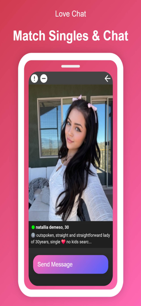 Live Chat: Dating Love App - Handy-Bildschirm zeigt ein Benutzerprofil auf der Love Chat Dating App mit einer Schaltfläche zum Senden einer Nachricht