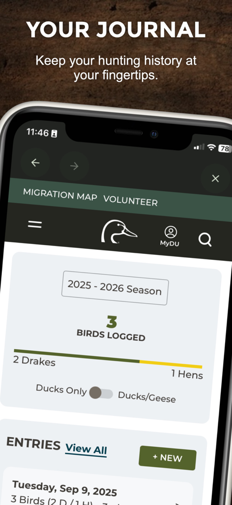 Ducks Unlimited app hunting journal feature showing a season summary of birds logged