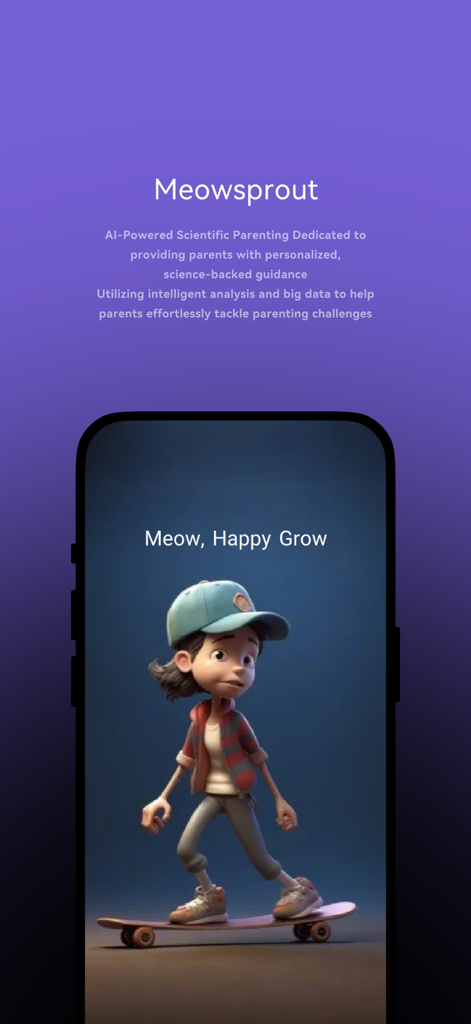 Meowsprout app splash screen showcasing its AI-powered scientific parenting mission and a child character on a skateboard.