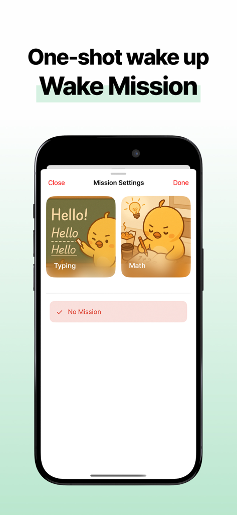 Einstellungsbildschirm für Kkokkio App-Missionen, der Tipp- und Mathe-Aufwachherausforderungen mit einem niedlichen Küken-Maskottchen zeigt