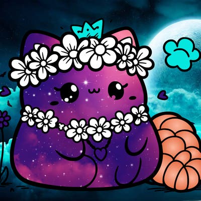 squishmallow with flowers crown and a flower necklace with cat ears and tail